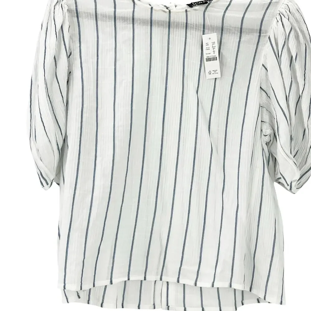J.Crew Women's Blue White Stripe Puff-Sleeve Top In Sheer Gauze Size M NWT